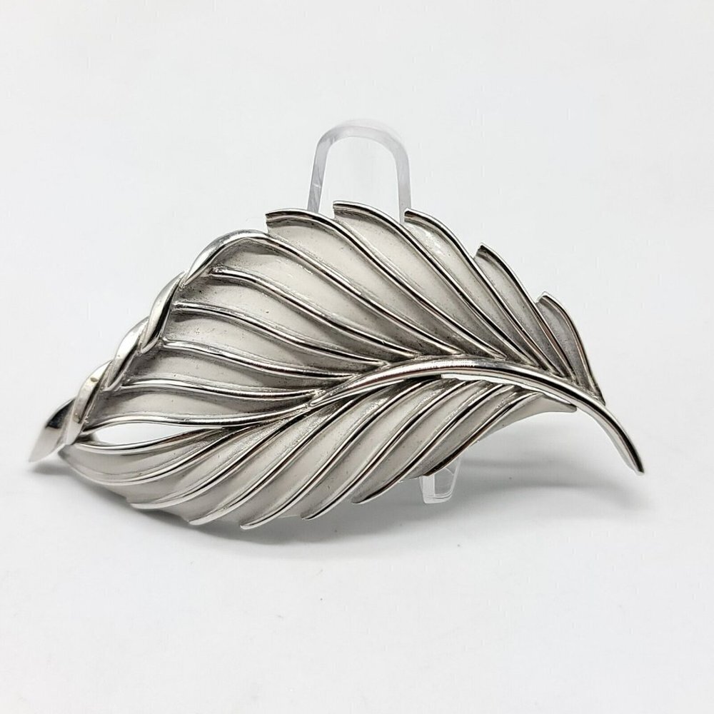 Trifari Silver Tone White Enamel Large Leaf Vintage Brooch 1950s
